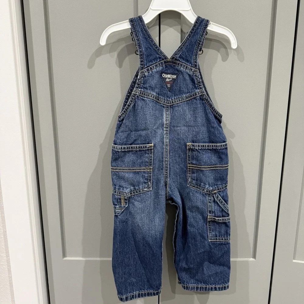 OshKosh B'Gosh Denim Overalls Baby Toddler 12 Mos Spell Out Classic Bib VestBak